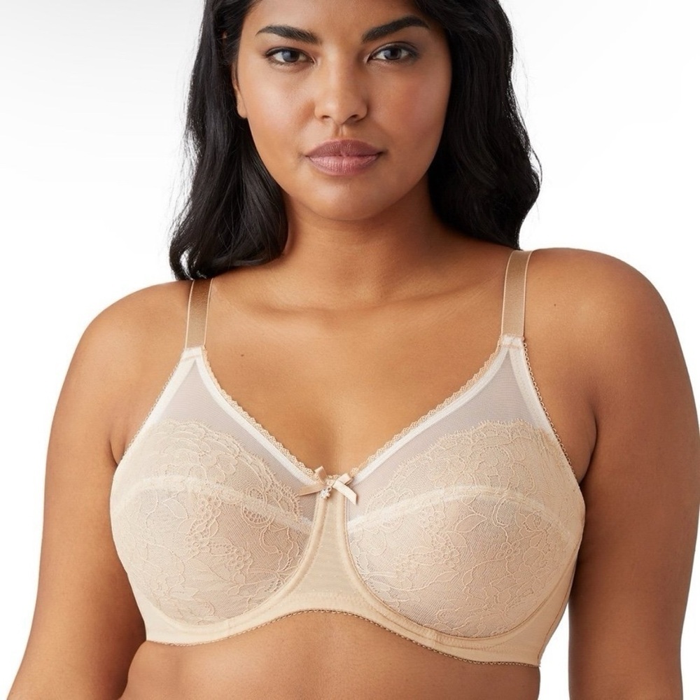 Wacoal Retro Chic Full Figure Underwire Bra 34G 34DDDD nude tan beige sheer lace